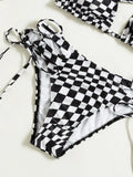 3 Pieces Checkered Tie Side Bikini 2026 Women With Cover Up Top Swimwear Female Swimsuit Beach Wear Bathing Swimming Suit Summer