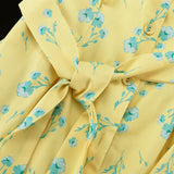 FDYOUI 2026 Summer V-neck Short Sleeve Floral Print Yellow Party Dress Women Single Breasted Lace-up Slim Long Vacation Dresses
