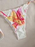 Sexy Pink Floral Print Micro Bikini 2026 Women 3D Flower Push Up Bra Tie Side Thong Swimsuit Beach Bathing Suit Holiday Swimwear