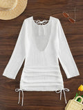 S - XL Long Sleeve Backless Crochet Knitted Tunic Beach Cover Up Women Cover-ups Beach Dress Beach Wear Female Beachwear