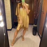 Sexy Fringe Tassel Mesh Sheer Shiny Knitted Tunic Beach Cover Up Cover-ups Beach Dress Beach Wear Beachwear Female Women V3321