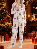 Women's 2025 Christmas Pajama Set Long Sleeve Lapel Santa Claus Christmas Tree Print Shirt Pants Two Pieces Sleepwear