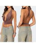 Women's Solid Color Cropped Halter Neck Cami Tops Sleeveless Open Back Deep V Neck Slim Fit Tank Tops