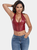 Pure Color Fishbone Shapewear Top Women's PU Leather Neck Buttoned Vest Market Style Underwear And Clothing