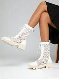 2026 New Big Size 45 Chic Black Lace Mesh Summer Boots Women Round Toe Square Heels Shoelace Zip-up Mid-calf Boots Shoes