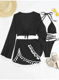 sexy 4pcs boho tassels trim bikinis sets ladies padded bikini set +cover up tops skirts beachwear bathing suit biquini monokini