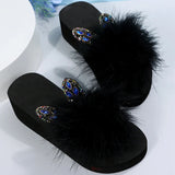 Faux Fur Wedges Slippers for Women Spring Autumn Fashion Crystal Detor Platform Slides Woman Slip On Open Toe Slippers Female
