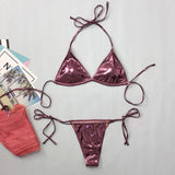 Women Metallic Glitter Pink Gold Micro Mini String Bikini Sets 4 Pieces with Mesh Cover Tops and Mini Skirt Swimsuit Biquini