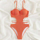 Sexy Push Up Underwire One Piece Swimsuit Women Solid Pink Metal Chain Hollow Out Ribbed Bathing Suit Backless Swimwear Monokini