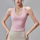 Women's Summer V-Neck Yoga Sports Vest Hanging Back Neck Design Outdoor Running Training Gathered Fit Active Wear Top
