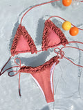 sexy rose red ruffles glitter halter tie bikinis sets two pieces women micro thong swimsuit female bathing suit swimwear biquini