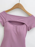 Korean Style Goddess Off-Shoulder Casual Elegant Sexy Hot Girl Top Women Hollow Out Short Sleeved Solid Color T-Shirt Charm 7O4B