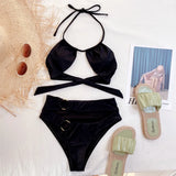 Bikini 2026 Sexy Swimwear Swimsuit Women Black Hollow High Waist Halter Bikinis Set Bathing Suit Beach Bikini Metal Ring Decor