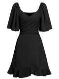 Summer Dress Women'S Fashion V Neck Short Flared Sleeved Wedding Guest Dresses Smocked Elastic Waisted Tiered Belted Ruffle Hem