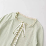 Women's Fashion Short Sleeve Round Neck Bow Lace Knit Solid Color Light Green Lace Trim Front Short Sleeve Knit Casual Top MDTM