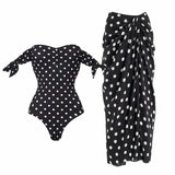 Black Dot Print One Piece Swimsuit Pleate Long Skirt Set 2026 Women Vintage Bandeau Ruffle Push Up Bathing Suit Holiday Swimwear