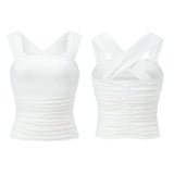 Women Square Neck White Tank Tops Ruched Design Sleeveless Solid Color Slim Fit Crop Tops Summer Vest Shirts