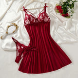Wine Red Ladies' countryside style wheat ear embroidery semi transparent nightgown, elegant and comfortable, bow design ZA825066