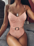 2026 High Quality Sexy One Piece Swimsuit Swimwear Women Push Up Pit Striped Metal Chain Straps Bathing Suit Beachwear with Belt