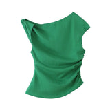 Women's Casual Slim-fit Top Ruched Design Green Ruched Sleeveless Top For Women One Shoulder Slim Fit Casual Summer Blouse 4WHE