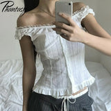 Phantasy Y2K Women Tops White Lace T-Shirt Button Tees Vintage French Style Tops 2025 Spring Summer Tops Female Streetwear