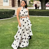 White Polka Dot Two Piece Set For Women Halter Crop Top And Tiered Maxi Skirt Elegant Summer Party Outfit Pure Desire Charm FSW7