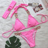3PCS Halter Jewelled Diamond Bikini Women Swimsuit Female Swimwear Three Pieces Bikini Set Brazilian Hairband Bathing Suit Swim