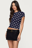 Women's summer fashion retro polka dot short-sleeved printed slim round neck top