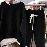 2 Pcs/Set Women Sweatshirt Pants Set Fake Two-piece Crew Neck Loose Elastic Waist Drawstring Casual Women Autumn Tracksuit