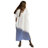 Beach Cover-ups for Women 2026 Solid Color Sexy V-neck Short Sleeve Loose Long Robe Dress Sun Protection Beachwear PZMZ09