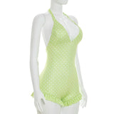 Women Halter Shorts Jumpsuits Summer Polka Dot Print V-Neck Backless Bodysuits Casual Sleeveless Rompers Club Streetwear