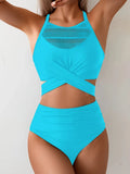 Sexy Black Mesh Patchwork Bikini Set 2026 Women Hanging Neck Bandage Cross High Waist Swimsuit Beach Bathing Suit Swimwear