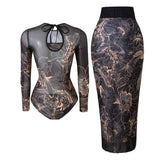 S - XXL Printed Long Sleeve With Sarong One Piece Swimsuit Women Swimwear Female Flowers Padded Bather Bathing Suit Swim V7181