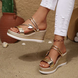 Metal Heart Gold Wedges Sandals Women Plus Size 43 Thick Sole Platform Sandles Woman 2026 Summer Non Slip Gladiator Sandals