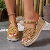 Hollow Out Gold Wedge Heels Sandals Women Plus Size 43 Chunky Platform Slippers Woman Summer Slip On Weave Thick Sole Sandles