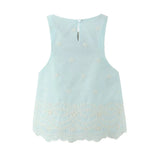 Sleeveless Top Skirt Two Pieces Matching Set for Women Light Blue Vintage Skirt Set French Style Embroidery Cotton Dress Set
