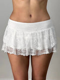 Women's Summer Sexy Casual Skirt Solid Color Low Waist Lace Ruffled Skirt with Lined Shorts