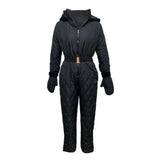 Women Winter Jumpsuit with Gloves Elastic Waist Thickened Padded Snowsuit Hooded Windproof Outdoor Ski Outfit Waterproof Jacket