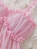 Women Perspective Mesh Nightdress Bow Wrapped Around Chest Pink Sexy Babydoll With Thong Erotic Sexy Lingerie Valentine Day Gift