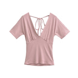 Spring Korean Slim Fit Deep V Neck Tie-Up Clean Face Crop Top Short Sleeve Pullover T-Shirt Base Shirt Solid Color Fashion RM7O