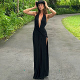 FDYOUI 2026 Summer Deep V-neck Hollow Out Long Maxi Evening Dress Women Chic Backless High Slit Ruched Solid Party Club Dresses