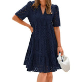 Casual Short Sleeve V-neck Midi Dress Women's Hollow Out Eyelet Dress Summer Beach Tiered Flowy A-line Sundress