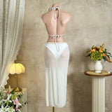 Sexy Black Mesh Long Skirt 3 Piece Bikini Set Women White Metal Ring Linked Push Up Bra Swimsuit Holiday Bathing Suits Swimwear