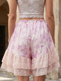 Women's Summer Bloomer Shorts Knee Length Floral Print Drawstring Elastic Waist Lace Trim Patchwork Casual Coquette Shorts