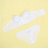 White Lace Bra Set for Women Push Up Mesh Chiffon Silk Like Underwire Adjustable Back Closure Bralette with Panties