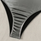 2026 New Silver Shiny Leather One Piece Swimsuit Women,U-neck Suspender Bikini,cross Strape Backless Monokini Summer Beachwear