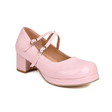Big Size 30-48 Sweet Lolita Pink Mary Jane Shoes Women Round Toe Cross-Straps Platform White Block Heel Cute Dress Pumps