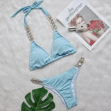 9 Colors Sexy Bikini Women Luxe Crystal Diamond Metal Chain Pit Striped Swimwear Swimsuit Bikinis Set Bathing Suit Beach Bikini