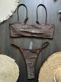 Black rhinestone process bikini sexy thong split swimsuit 2-piece beach set