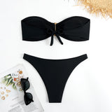 sexy solid black and red bandeau bikinis sets two pieces metal high waist thong swimsuit bathing suit swimwear biquini bakini